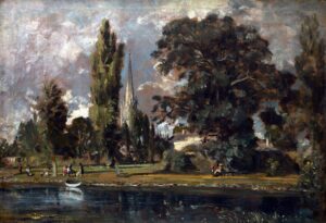 John Constable, Salisbury Cathedral and Leadenhall from the River Avon, 1820 Oil on canvas, 20.7 x 30.3 in National Gallery, London