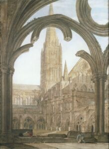Joseph Mallord William Turner, South view of Salisbury Cathedral from the Cloisters, 1802 Watercolour, 35.3 x 13.4 in (framed) Victoria & Albert Museum, London