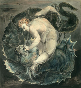 William Blake, The Angel Michael Binding Satan, c 1805 Watercolor, black ink, and graphite on off-white wove paper, 14 1/8 x 12 13/16 in Harvard Art Museums/Fogg Museum