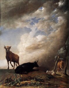 Paulus Potter, Cattle and Sheep in a Stormy Landscape, 1647 Oil on panel, 18.9 x 15 in National Gallery, London