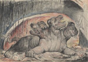 William Blake, Cerberus, Part of Illustrations to Dante’s ‘Divine Comedy’ Graphite, ink and watercolour on paper, 14.6 x 20.8 in Tate Gallery, London