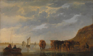 Aelbert Cuyp, A Herdsman with Five Cows by a River, 1650-5 Oil on wood, 17.9 x 29.1 in National Gallery of Art, London