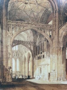 Joseph Mallord William Turner, Salisbury Cathedral Interior, looking towards the North Transept c.1801–5 Watercolor, 26 x 20 in Salisbury Museum, UK