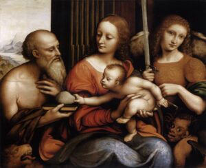 Giampietrino, Madonna and Child with Saints Jerome and Michael, 1530s Oil on panel, 24 x 29.1 in Szépmûvészeti Múzeum, Budapest
