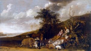 Paulus Potter, Landscape with Shepherdess and Shepherd Playing Flute, c. 1643 Oil on panel, 26.4 x 45.3 in Szépmûvészeti Múzeum, Budapest