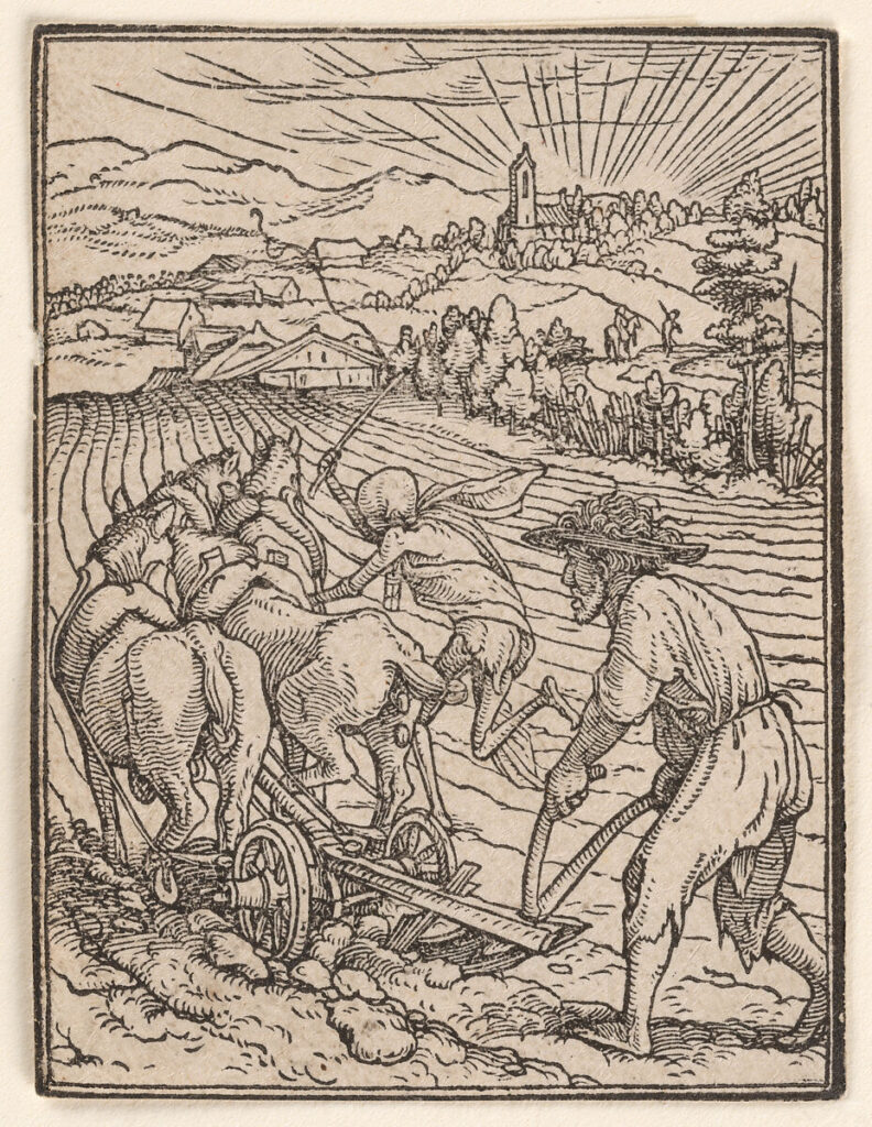 Hans Holbein the Younger, The Peasant (or Ploughman, from the series known as The Dance of Death Woodcut, 2.6 × 1.9 in