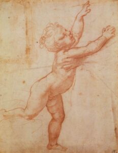 Giulio Romano, Nude Child with Open Arms Red chalk on white paper, 10.6 x 8.2 in Galleria degli Uffizi, Florence