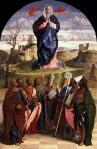Giovanni Bellini, Virgin in Glory with Saints, 1510-15 Oil on panel, 13.8 x 8.9 in Gallerie dell'Accademia, Venice