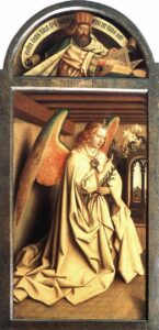 Jan van Eyck, The Ghent Altarpiece - Prophet Zacharias, Angel of the Annunciation, 1432 Oil on panel 64.8 x 28.2 inches Saint Bavo's Cathedral, Ghent