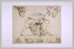 Théodore Géricault, Naked Man Wrestling an Ox, 1817 Pen and brown ink, 9.5 x 11.9 in Louvre Museum, Paris