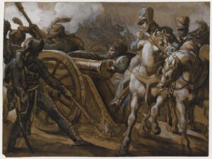 Théodore Géricault, Artillery of the Guard in Action Black crayon, gouache, and watercolor on brown paper, 8.27 x 11.1 in Louvre Museum, Paris