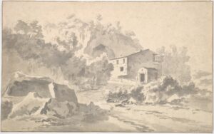 Adam Pynacker, A House on a Hillside in a Southern Landscape Black chalk, grey wash. Framing line in pen and brown ink, 7 5/8 x 12 3/16 in Metropolitan Museum of Art, New York