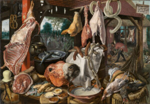 Pieter Aertsen, Meat Stall with the Holy Family Giving Alms/The Butcher’s Stall, 1551 Oil on panel, 45.5 x 66.4 in North Carolina Museum of Art, Raleigh