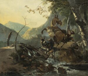 Adam Pynacker, An Italianate Landscape with Two Donkeys Crossing a Collapsing Bridge, 1660s Oil on canvas, 17.5 x 20 in Private collection