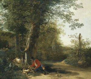 Adam Pynacker, Peasant Playing with His Dog While Resting at the Margin of a Wood, circa 1653 Oil on canvas, 25.9 x 29.7 in Private collection