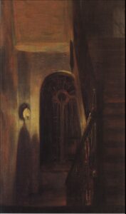 Adolph von Menzel, Staircase Hallway With Night Lighting, 1848 Oil on paper, board backing, 14.2 x 8.5 in Museum Folkwang, Essen, Germany