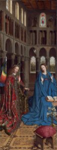 Jan van Eyck, The Annunciation, between c 1434 - c 1436 Oil and transferred on canvas on panel, 35.5 x 13.4 in National Gallery of Art, Washington DC