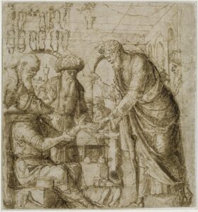 Giovanni Bellini, Saint Mark Heals the Hand of the Shoemaker Anianus, c1490? Brown ink on paper, 7.2 x 6.8 in Kupferstichkabinett, Berlin