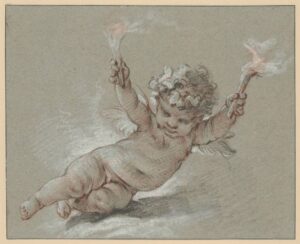 François Boucher, A Putto With Two Torches, 18th century Coloured chalks on green-grey paper; border line with pen in brown , 8.7 x 10.8 in Kupferstich-Kabinett, Dresden
