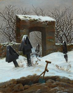 Caspar David Friedrich, Graveyard under Snow, 1826/1827 Oil on canvas, 12.2 x 9.9 in Museum der bildenden Künste, Leipzig, Germany