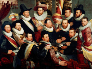 Cornelis van Haarlem, Banquet of the Officers and Sub-Alterns of the Haarlem Calivermen Civic Guard, 1599 Oil on panel, 66.5 x 87.9 in Frans Hals Museum, Haarlem
