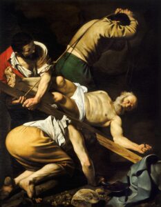 Caravaggio, Crucifixion of Saint Peter, 1600 Oil on canvas, 90.5 x 68.8 in Church of Santa Maria del Popolo, Rome