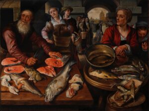 Joachim Beuckelaer, Fish Market, 1568 Oil on Baltic oak, 50.3 x 68.5 in Metropolitan Museum of Art, New York