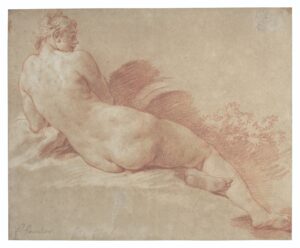 François Boucher, Reclining Female Nude, Seen From Behind, early 1730s Red and white chalk, on light brown paper, 10.4 x 12.8 in Private collection