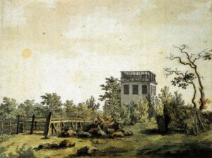 Caspar David Friedrich, Landscape with Pavilion, 1797 Pen, ink and watercolor, 6.5 x 8.5 in Hamburger Kunsthalle, Germany