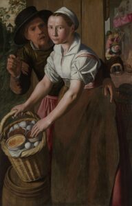 Pieter Aertsen, Egg Seller With a Groping Man, between 1563 and 1584 Oil on panel, 63.3 x 31.1 in Royal Museum of Fine Arts, Antwerp