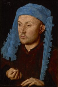 Jan van Eyck, Man in a Blue Cap, 1430s Oil on oak wood, 7.5 x 5.1 in Brukenthal National Museum, Sibiu, Romania