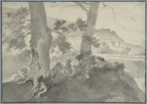 Adam Pynacker, Landscape with Two Tree Trunks in Foreground Black chalk, gray and brown wash on gray paper, 8.3 x11.8 in Nationalmuseum, Stockholm