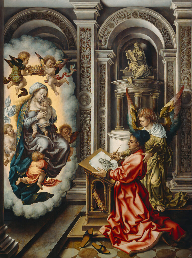 Jan Gossaert, St Luke Painting the Madonna, between 1520 and 1525 Oil on oak panel, 43.1 x 32.2 in Kunsthistorisches Museum, Vienna