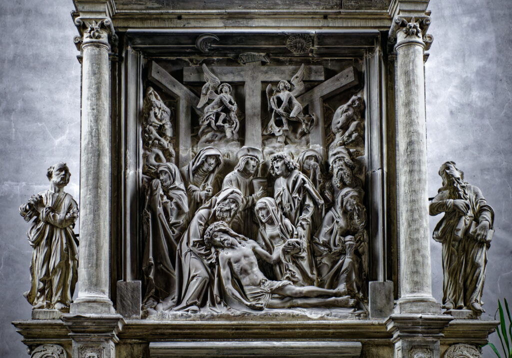 Tilman Riemenschneider, The Lamentation of Christ, c 1525 Sandstone, 16.2 × 19.2 in Parish Church of St. Afra, Maidbronn, Germany