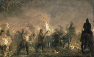 Adolph von Menzel, Student Torchlight Procession, 1859 Oil on paperboard, 12.2 x 21.3 in Alte Nationalgalerie, Berlin