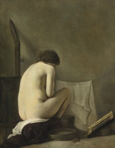 Paulus Bor, Seated Nude Bathing by a Stove Oil on canvas, 27.2 x 21.7 in Private collection