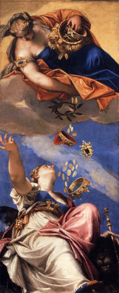 Paolo Veronese, Juno Showering Gifts on Venetia, 1554–1556 Oil on canvas, 142.8 x 57.8 in Doge's Palace, Venice