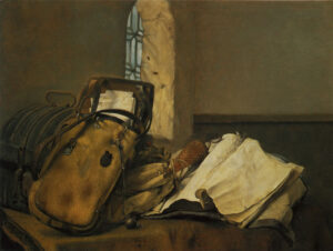 Paulus Bor, Travel Pouch and Documents on a Table, 1630 Oil on canvas, 22 x 29.9 in Private collection
