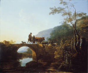 Adam Pynacker, Bridge in an Italian Landscape, circa 1653 Oil on panel, 17.24 x 20.74 in Dulwich Picture Gallery, London