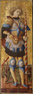 Carlo Crivelli, Portrait of Saint George, 1472 Tempera on wood, with gold ground, 38 x 13.2 in Metropolitan Museum of Art, New York