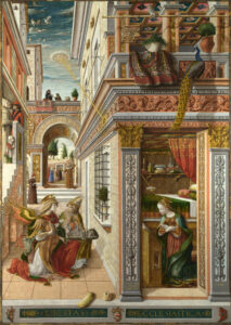 Carlo Crivelli, The Annunciation, with Saint Emidius, 1486 Oil on wood transferred to canvas, 81.5 x 57.7 in National Gallery, London