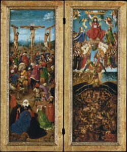 Jan van Eyck, The Crucifixion/The Last Judgment, circa 1440 Oil on canvas, transferred from wood, each 22 1/4 x 7 2/3 in Metropolitan Museum of Art, New York