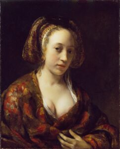 Willem Drost, Young Woman in a Brocade Gown, circa 1654 Oil on canvas, 24.5 x 19.6 in The Wallace Collection, London