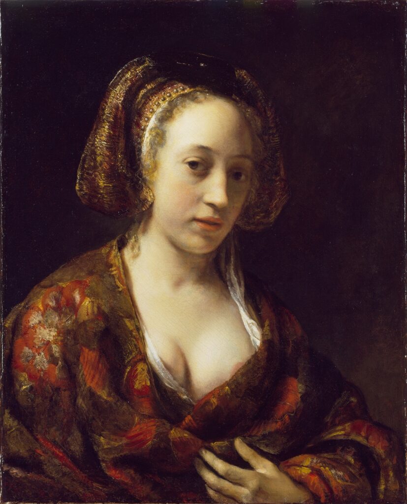 Willem Drost, Young Woman in a Brocade Gown, circa 1654 Oil on canvas, 24.5 x 19.6 in The Wallace Collection, London