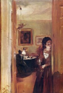 Adolph von Menzel, Living Room With the Artist's Sister, 1847 Oil on paper mounted on millboard, 18.1 x 12.4 in Neue Pinakothek, Munich