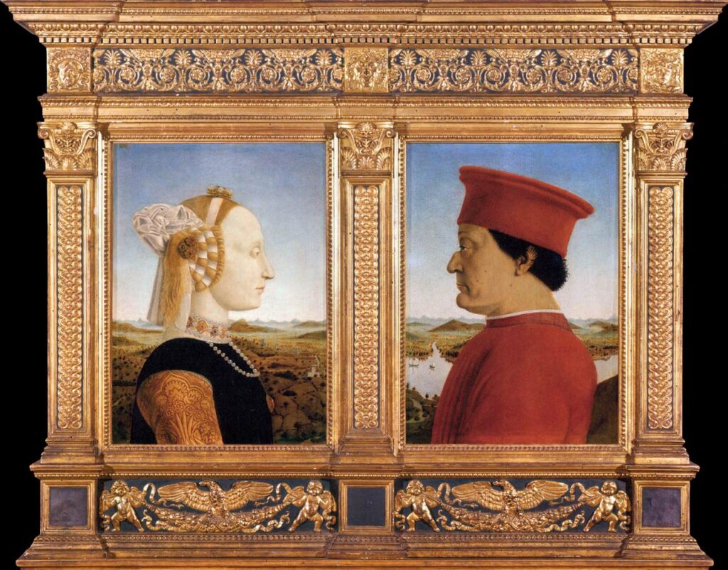 Piero della Francesca, Portraits of Federico da Montefeltro and His Wife Battista Sforza 1473-75 Oil on wood, 18.5 x 13 in (each) Galleria degli Uffizi, Florence