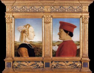 Piero della Francesca, Portraits of Federico da Montefeltro and His Wife Battista Sforza 1473-75 Oil on wood, 18.5 x 13 in (each) Galleria degli Uffizi, Florence