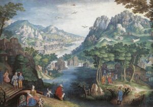 Gillis van Coninxloo, Mountain Landscape with River Valley and the Prophet Hosea Watercolour on parchment, 7.7 x 11.3 in Museum Mayer van den Bergh, Antwerp