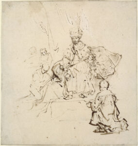 Aert de Gelder, Joseph Kneeling Before Pharaoh, c 1655-56 Reed-pen and bistre, wash, white body-colour, 7.4 x 7 in Kupferstichkabinett, Berlin