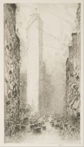 Childe Hassam, Washington's Birthday — Fifth Avenue at 23rd Street, 1916 Etching, 10.2 x 15.7 in Museum of Fine Arts, Houston